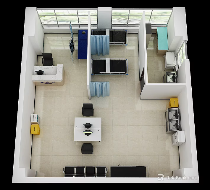 Medical Clinic Interior Layout With Beds Reception Desk Chairs And Curtain Partitions 3d model 