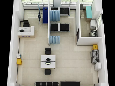 Medical Clinic Interior Layout With Beds Reception Desk Chairs And Curtain Partitions 3d model