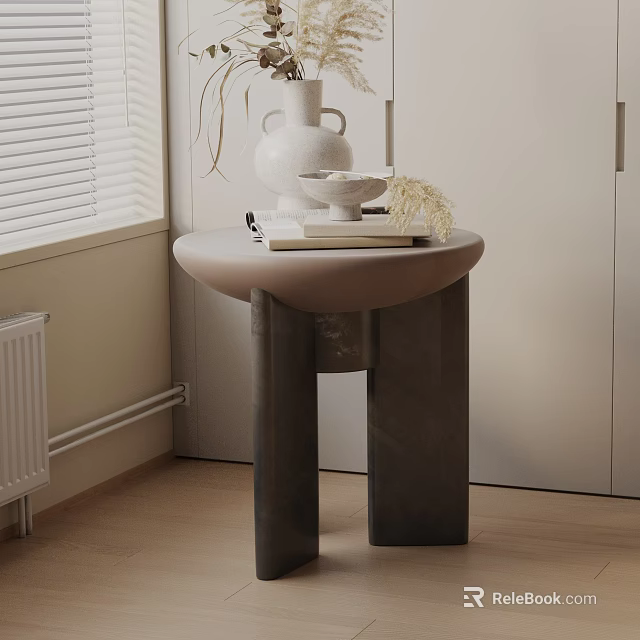 Elegant Round Side Table With Gray Column Legs And Decorative Vase Books Bowl 3d model 