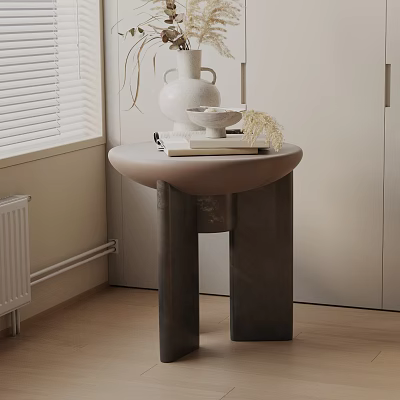 Elegant Round Side Table With Gray Column Legs And Decorative Vase Books Bowl 3d model