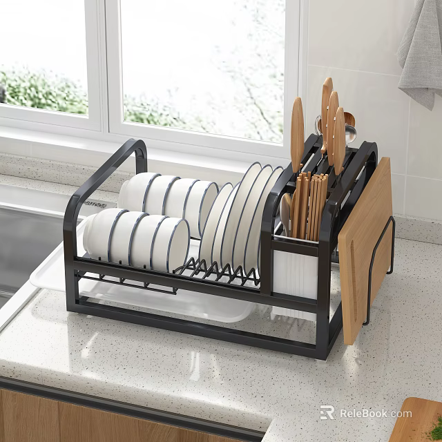 Kitchen Dish Rack With Plates Bowls Knives Chopsticks And Cutting Board On Countertop 3d model 
