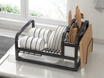 Kitchen Dish Rack With Plates Bowls Knives Chopsticks And Cutting Board On Countertop 3d model