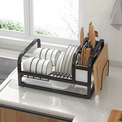 Kitchen Dish Rack With Plates Bowls Knives Chopsticks And Cutting Board On Countertop 3d model