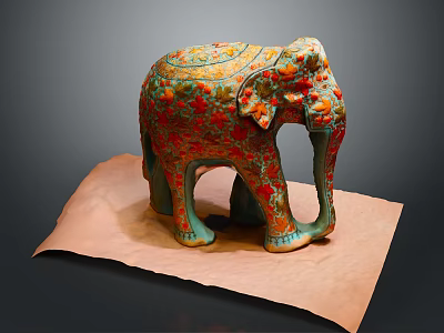 Colorful Decorative Elephant Sculpture With Intricate Patterns On Brown Paper Background 3d model