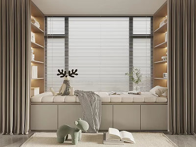 Cozy Bay Window Nook With Shelves Gray Curtains Cushions Blanket And Books 3d model