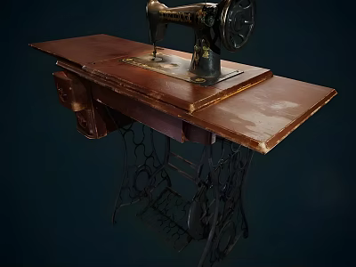 Vintage Industrial Sewing Machine With Wooden Tabletop And Metal Frame Structure 3d model