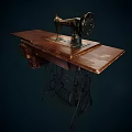 Vintage Industrial Sewing Machine With Wooden Tabletop And Metal Frame Structure