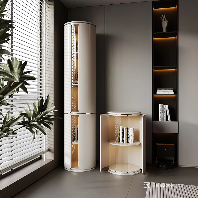 Modern Decorative Cabinet With Glass Doors Lighting Books And Indoor Plants 3d model 