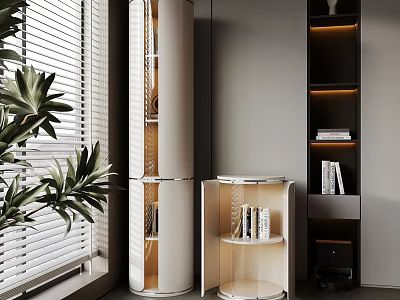 Modern Decorative Cabinet With Glass Doors Lighting Books And Indoor Plants 3d model