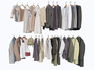 Clothes Hanging On Hangers With Various Styles Assorted Colors And Red Bag 3d model