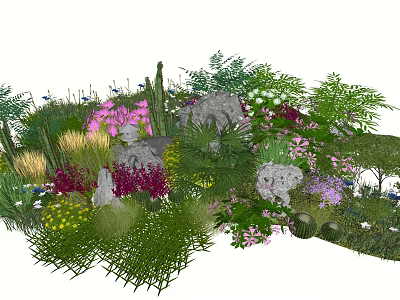 Colorful Garden Flowers With Mixed Green Foliage Rocks And Pink Purple Blooms 3d model