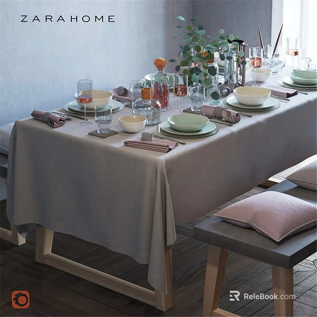 Elegant Tableware Set With Green White Plates Bowls Glasses Pink Striped Napkins On Gray Tablecloth 3d model 