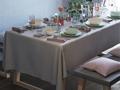 Elegant Tableware Set With Green White Plates Bowls Glasses Pink Striped Napkins On Gray Tablecloth 3d model