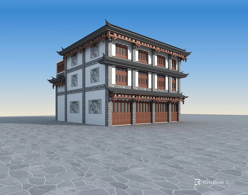 Traditional Chinese Ancient Architecture With Two Story Structure Wooden Doors Overhanging Eaves And Stone Pavement 3d model 