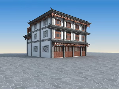 Traditional Chinese Ancient Architecture With Two Story Structure Wooden Doors Overhanging Eaves And Stone Pavement 3d model