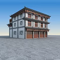 Traditional Chinese Ancient Architecture With Two Story Structure Wooden Doors Overhanging Eaves And Stone Pavement