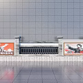Scenic Wall With Red Propaganda Posters Grey Tile Background And Decorative Railings