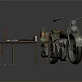 Vintage Green Motorcycle With Brown Seat And Wooden Table With Oil Lamp Tools