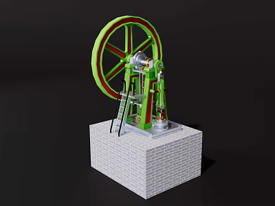 Industrial Equipment Featuring Large Green Red Wheel And Ladder On White Brick Base 3d model