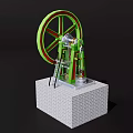 Industrial Equipment Featuring Large Green Red Wheel And Ladder On White Brick Base
