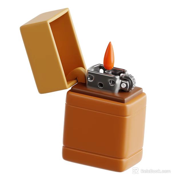 Everyday Brown Lighter With Open Lid Orange Flame And Metal Parts 3d model 