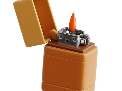 Everyday Brown Lighter With Open Lid Orange Flame And Metal Parts 3d model