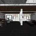 Modern Office Interior With Wooden Ceiling Dark Flooring Glass Partitions Furniture And TV Screen