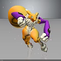 Yellow Creature with Purple Arms White Fur Blue Eyes Large Yellow Orb and Pink Sparkles