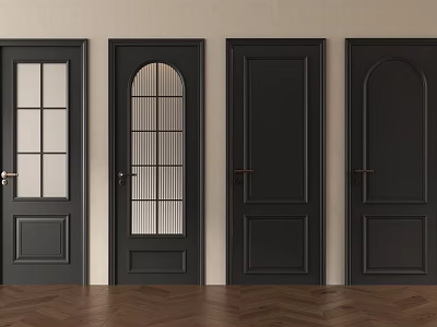 Four Black Hinged Doors With Different Glass Designs Light Colored Walls And Wooden Floor 3d model
