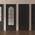Four Black Hinged Doors With Different Glass Designs Light Colored Walls And Wooden Floor