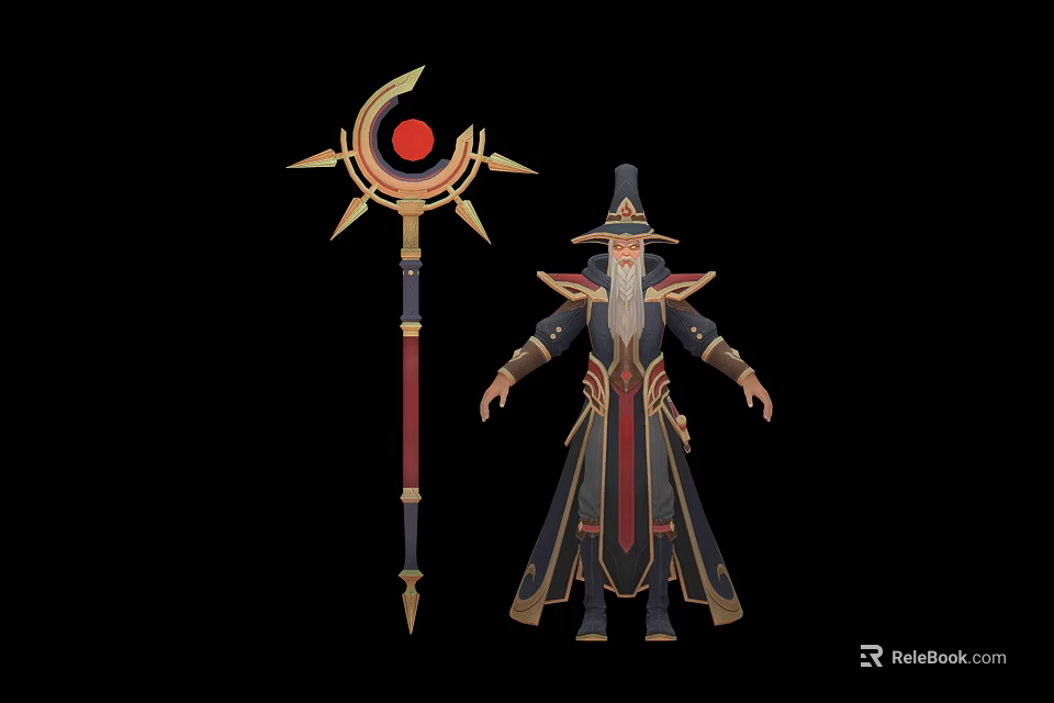 Wise Wizard And Magical Phoenix Standing Near Enchanted Staff With Gold Details 3d model 