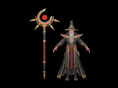 Wise Wizard And Magical Phoenix Standing Near Enchanted Staff With Gold Details 3d model