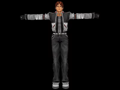 Game Movie Character With Brown Hair Black Jacket White Details Jeans Arms Outstretched Pose 3d model