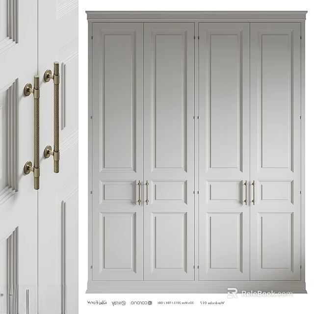 Modern White Storage Cabinet With Metal Handles And Multiple Doors For Home Organization 3d model 