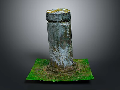 Antique Weathered Stone Pillar With Mossy Top On Green Grass Base 3d model