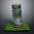 Antique Weathered Stone Pillar With Mossy Top On Green Grass Base