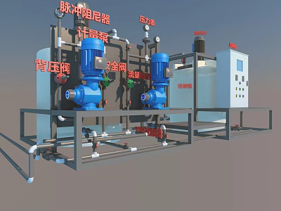 Industrial Equipment with Pulse Dampener Pressure Pumps Back Pressure Valve Storage Tank Control Cabinet 3d model