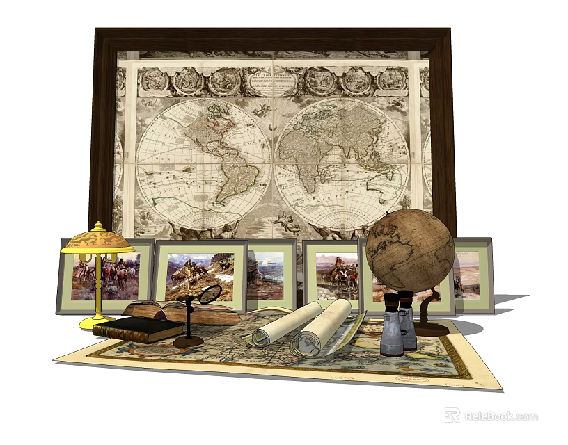 Vintage Decorative Ornament Set with World Map Photo Frames Globe Scrolls and Table Lamp 3d model 