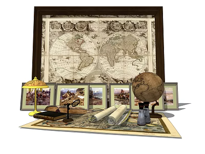 Vintage Decorative Ornament Set with World Map Photo Frames Globe Scrolls and Table Lamp 3d model
