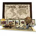 Vintage Decorative Ornament Set with World Map Photo Frames Globe Scrolls and Table Lamp 3d model