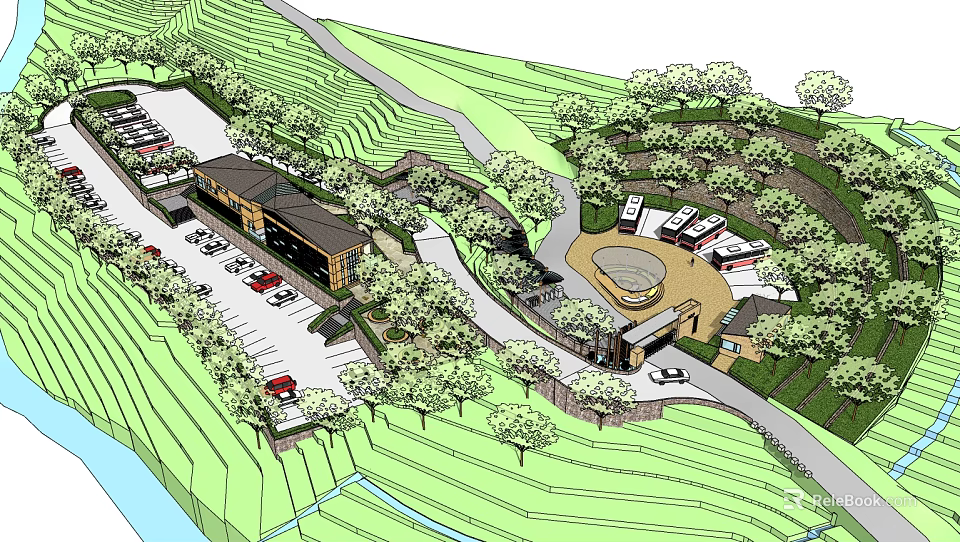 Scenic Hillside Visitor Center With Parking Lot Trees Pathways And Water Stream 3d model 