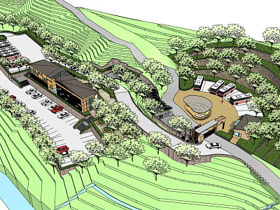 Scenic Hillside Visitor Center With Parking Lot Trees Pathways And Water Stream 3d model