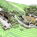 Scenic Hillside Visitor Center With Parking Lot Trees Pathways And Water Stream
