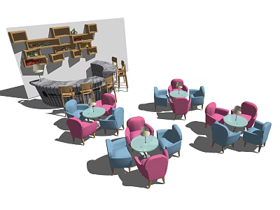 Stylish Reception Desk Interior Design With Bar Counter And Pink Blue Chairs 3d model