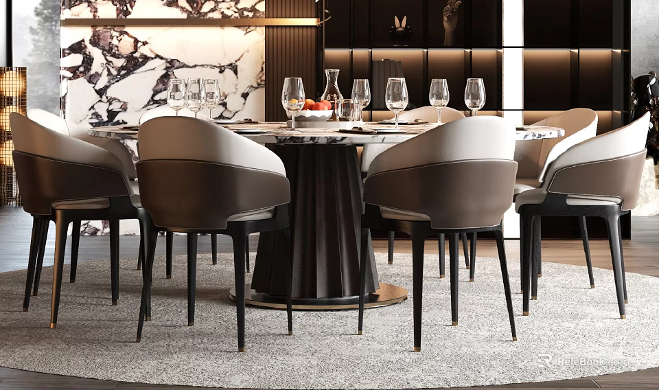 Modern Dining Table And Chairs Set With Round Marble Tabletop And Leather Chairs On Rug 3d model 