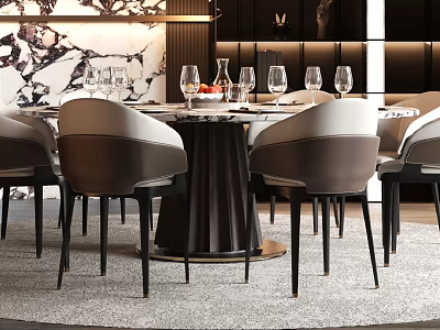 Modern Dining Table And Chairs Set With Round Marble Tabletop And Leather Chairs On Rug 3d model