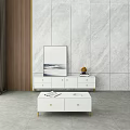 Modern White TV Stand With Gold Legs Drawers And Marble Wall Decor