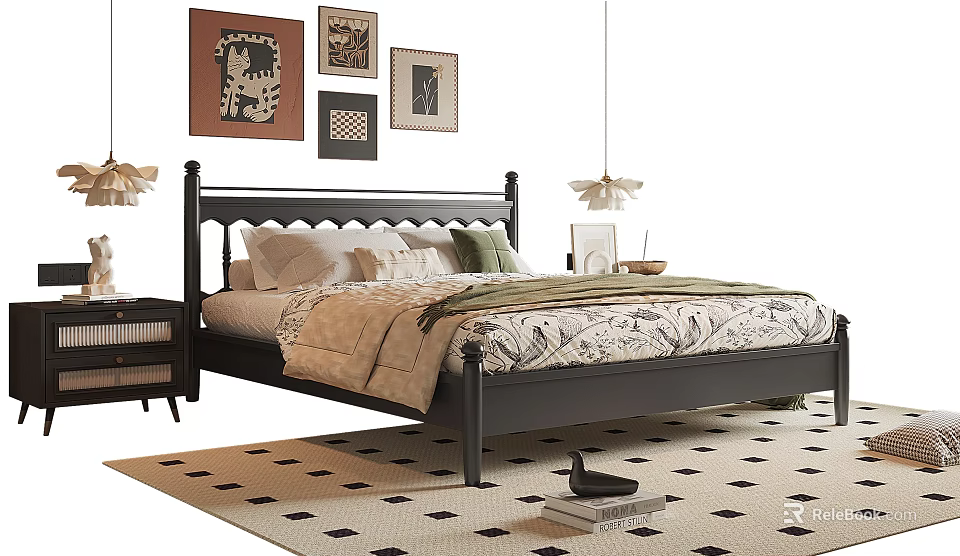 Black Double Bed with Pillows Patterned Bedding Bedside Lamps Wall Art and Checkered Rug 3d model 