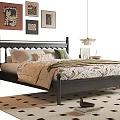 Black Double Bed with Pillows Patterned Bedding Bedside Lamps Wall Art and Checkered Rug