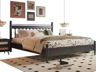 Black Double Bed with Pillows Patterned Bedding Bedside Lamps Wall Art and Checkered Rug 3d model